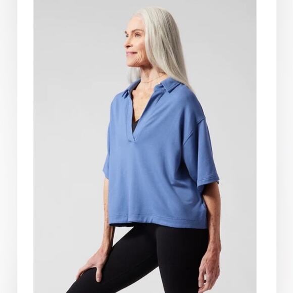 Athleta Blue Westwood Sweatshirt Tee V Neck Boxy Oversized Size Small - Picture 1 of 10